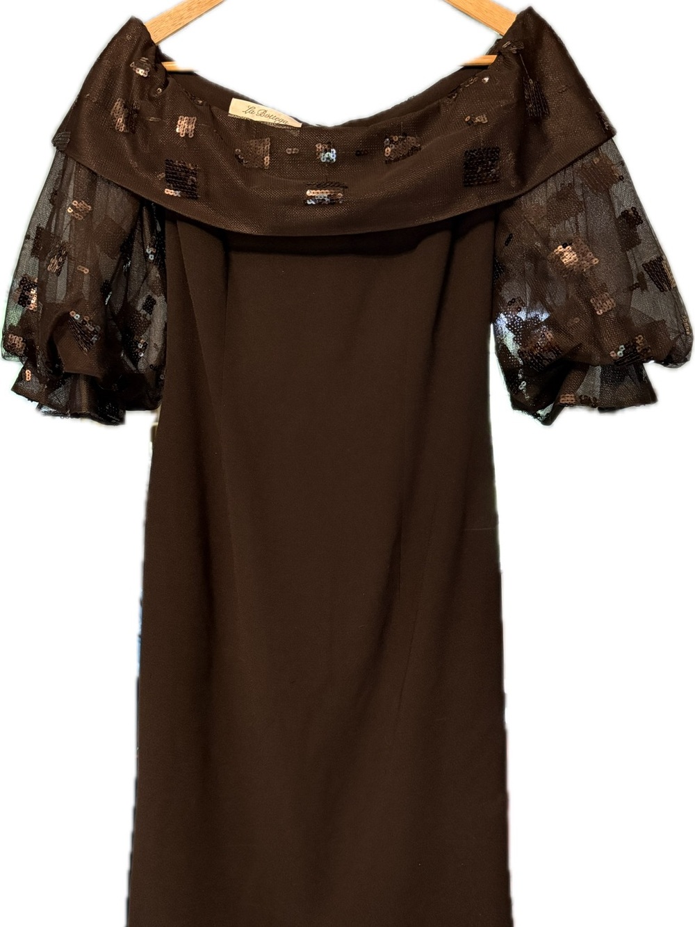 La Bottega! Elegant! Vintage! Black Dress with Sequined Puff Sleeves & Collar